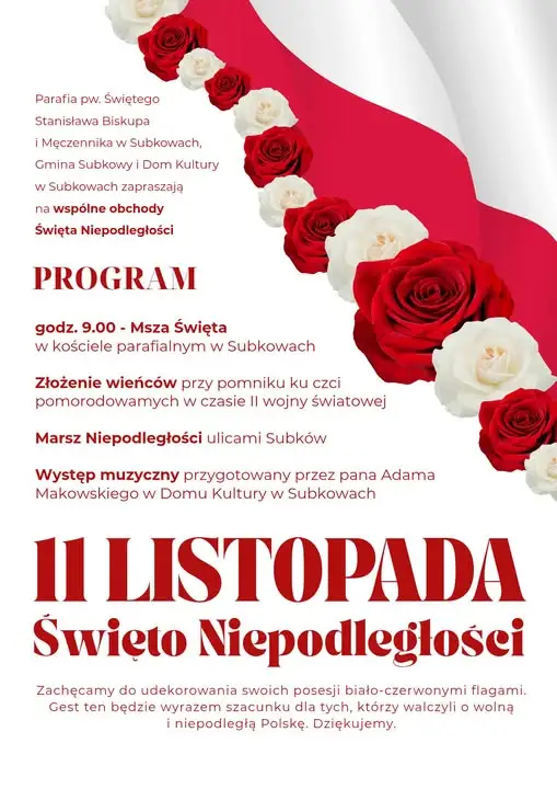 Subkowy zapraszają na obchody Święta Niepodległości – msza, marsz i koncert