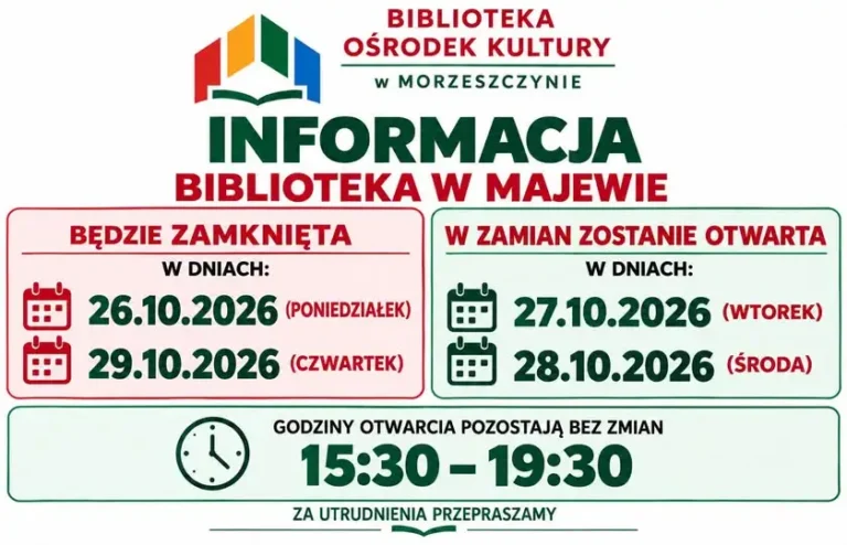Biblioteka w Majewie nieczynna 26 i 29 października – sprawdź nowe terminy