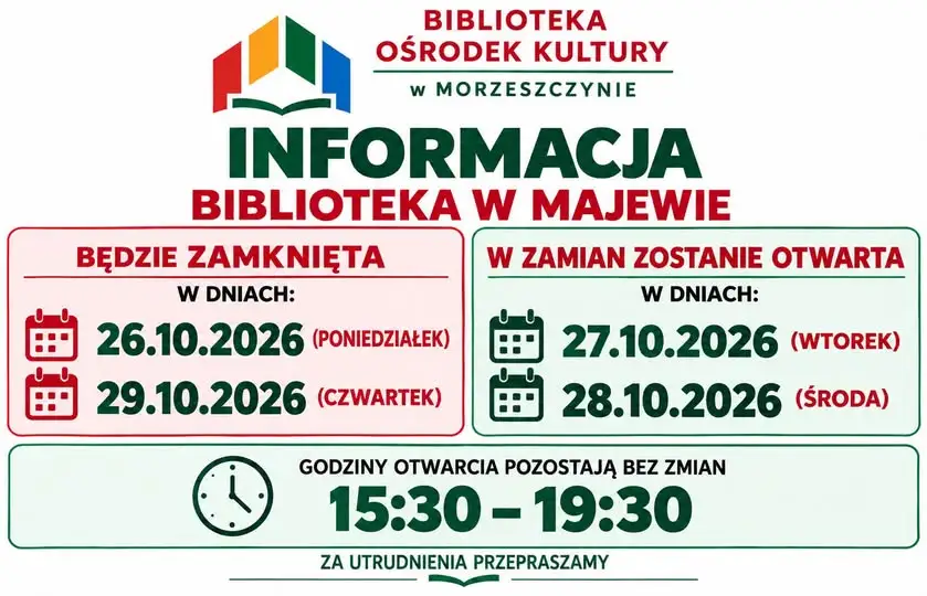Biblioteka w Majewie nieczynna 26 i 29 października – sprawdź nowe terminy