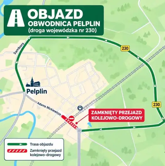 Zamknięcie przejazdu kolejowego na ul. Mickiewicza w Pelplinie – objazd Aleją Kociewską